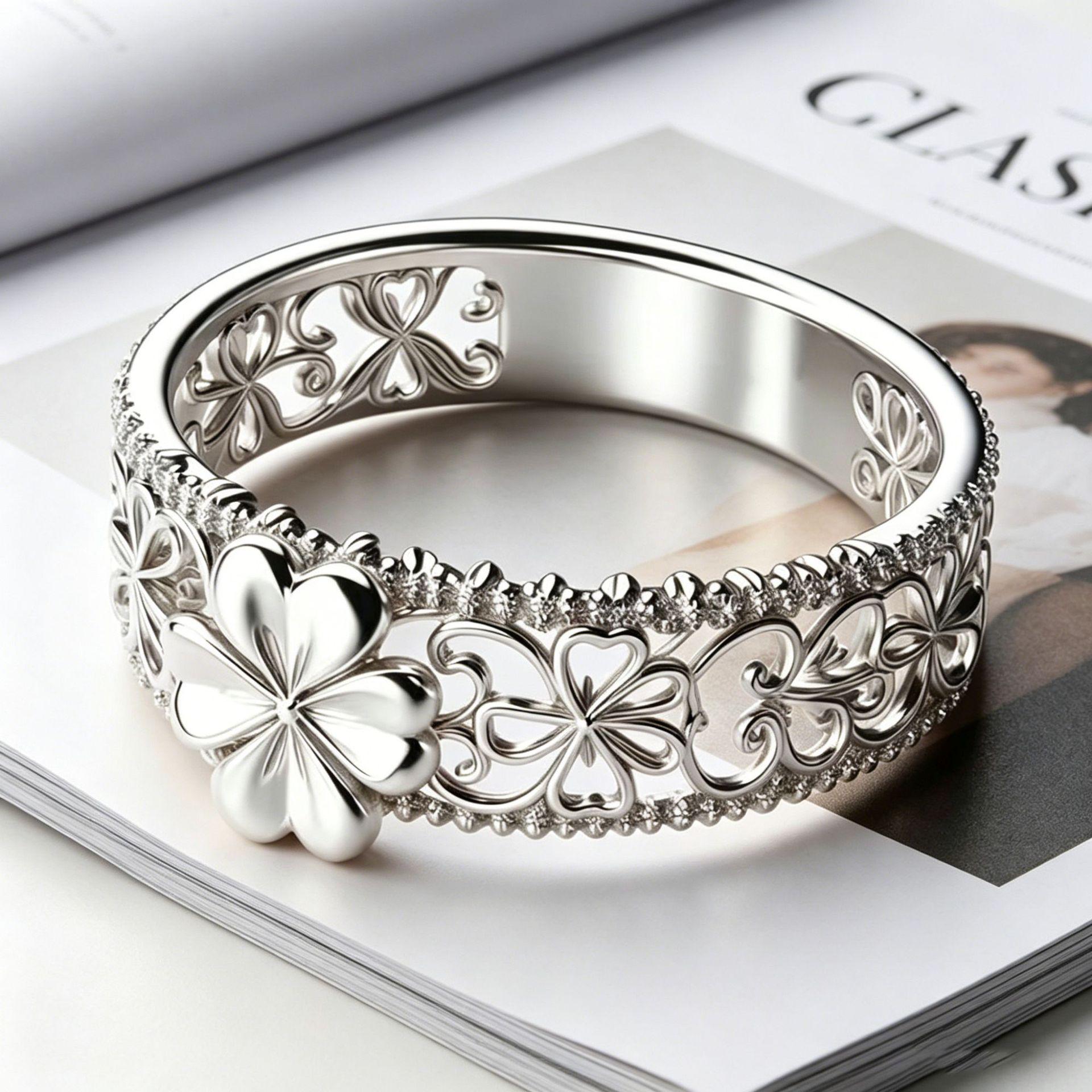 Yanbai European-American Hollow Flower Pattern Wide Band Fashion Ring Size 6