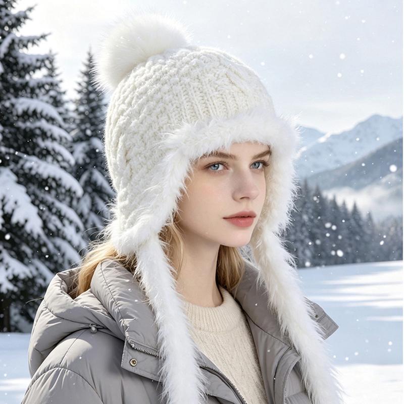 Fluffy Knit Trapper Hat Women Winter Warm Ear Flap Beanie with Pom Pom Soft Furry Ski Cap