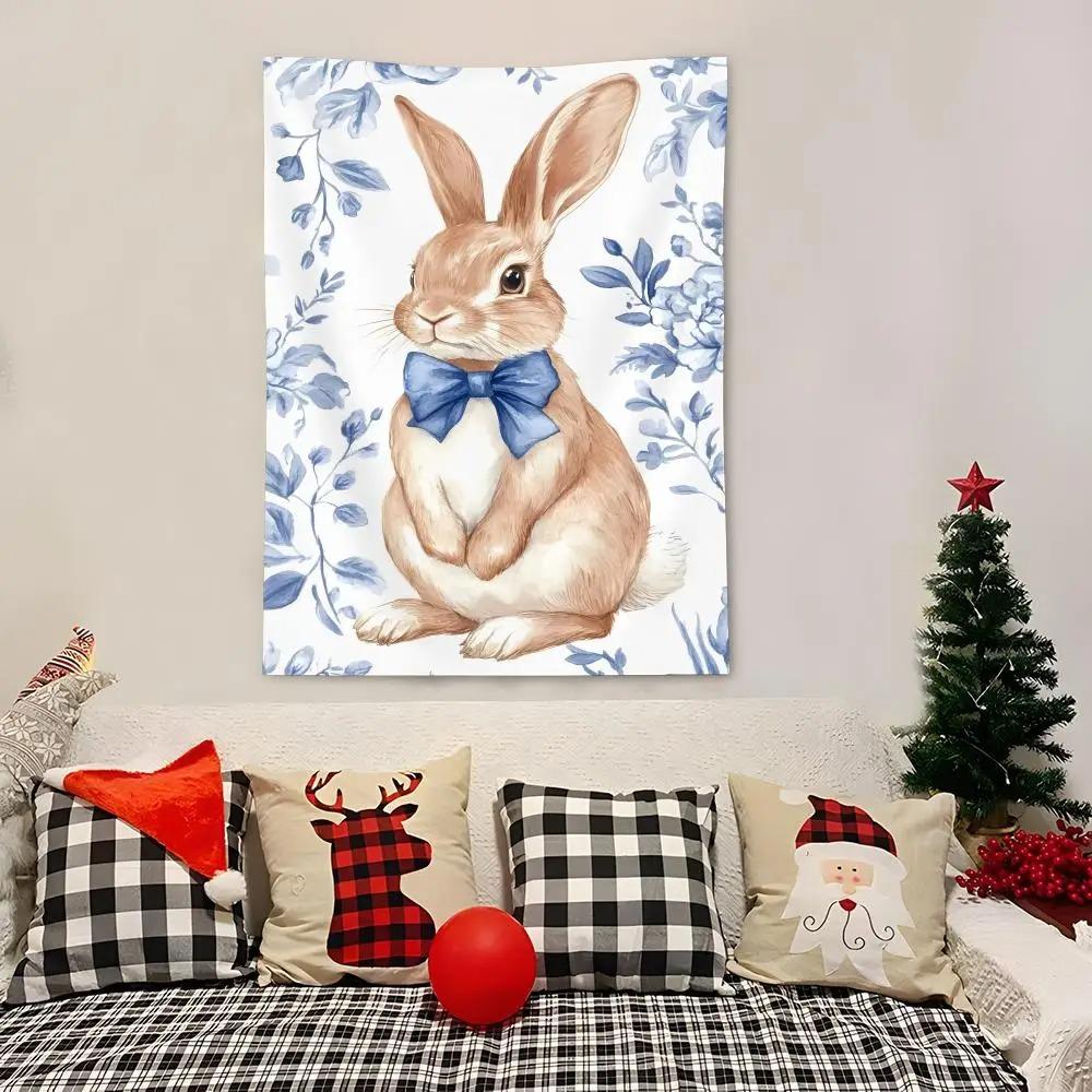 1pc Blue Bunny Easter Egg Tapestry 2D Single Print Elegant Home Decor Soft Accessory Charming Functional HolidayThemed Durable