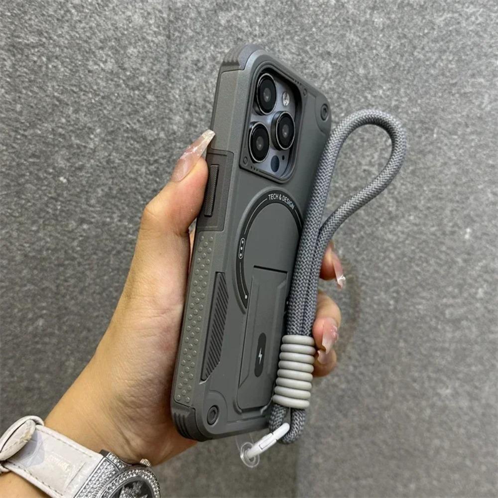 Popular Cool Rugged For Magsafe Charging Case For iPhone 17 Air 16E 15 14 13 12 Pro Max Wrist Strap Hidden Stand Anti-Drop Cover