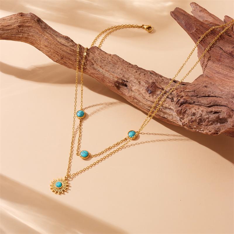 

Многослойное колье-чокер с подвеской-солнцем из бирюзы, покрытие 18 каратным золотом, Тонкая двойная цепочка, Бохо, для женщин, Модные украшения золотой