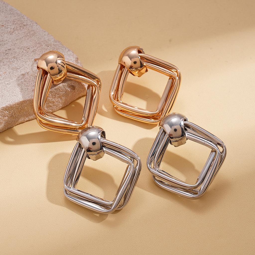 Metallic Geometric Oval Rhombus Silver Needle Earrings Fashion Versatile Earrings