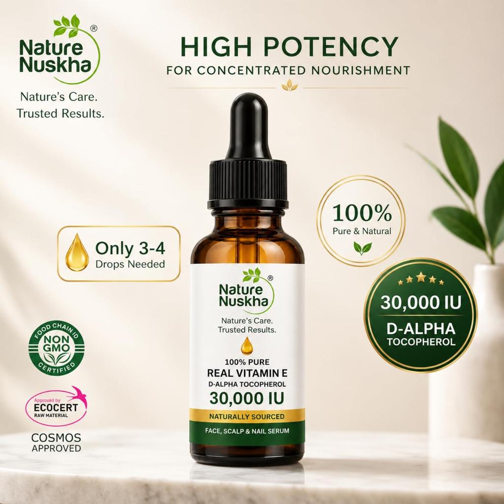 Nature Nuskha Real Vitamin E Oil 30,000 IU | Undiluted D-Alpha Tocopherol Serum | Purity Tested | For Skin Glow, Hair Fall Control and Strengthenin