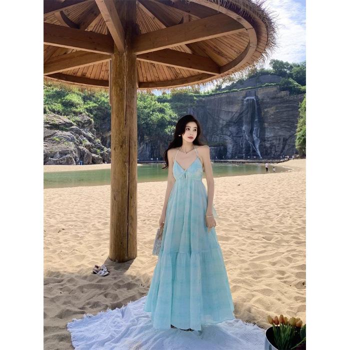 Super fairy pendulum pure desire wind V-neck sexy dopamine halter neck sling fairy long dress seaside vacation skirt S