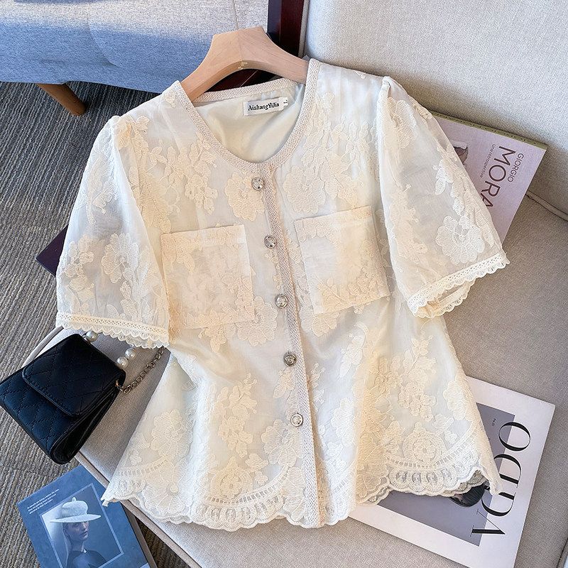 

Counter Withdraw from Cupboard Summer Plus size Chubby Girl Western Style Embroidery Graceful Age-Reducing Short sleeve All-Matching Shirts Women Beige XL