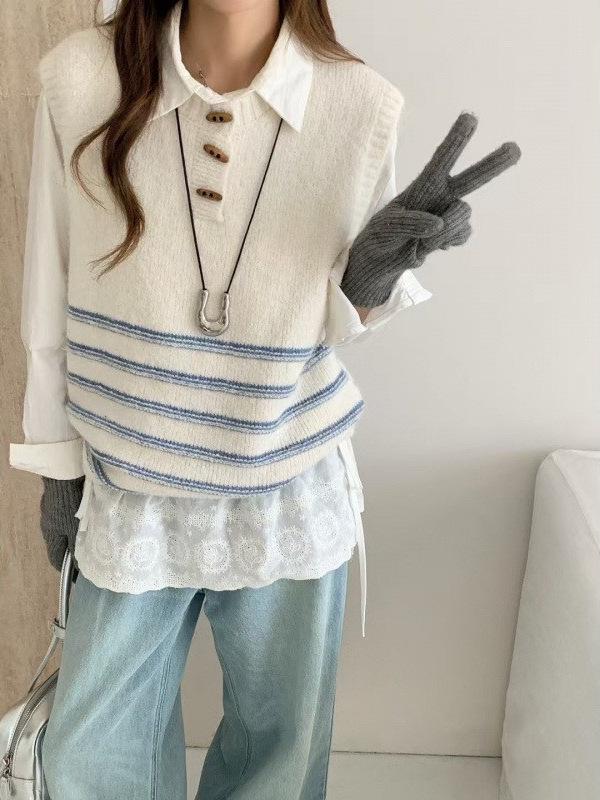 2025 Korean Retro Stripe Knit Vest with Horn Buttons - Women's Sleeveless Round Neck Sweater