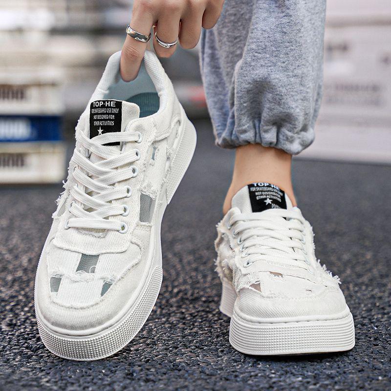 

2025 Men s Breathable Canvas Shoes - Summer Fashion, Trendy, Odor-Resistant, Ripped, Wear-Resistant White Skate Sneakers 44