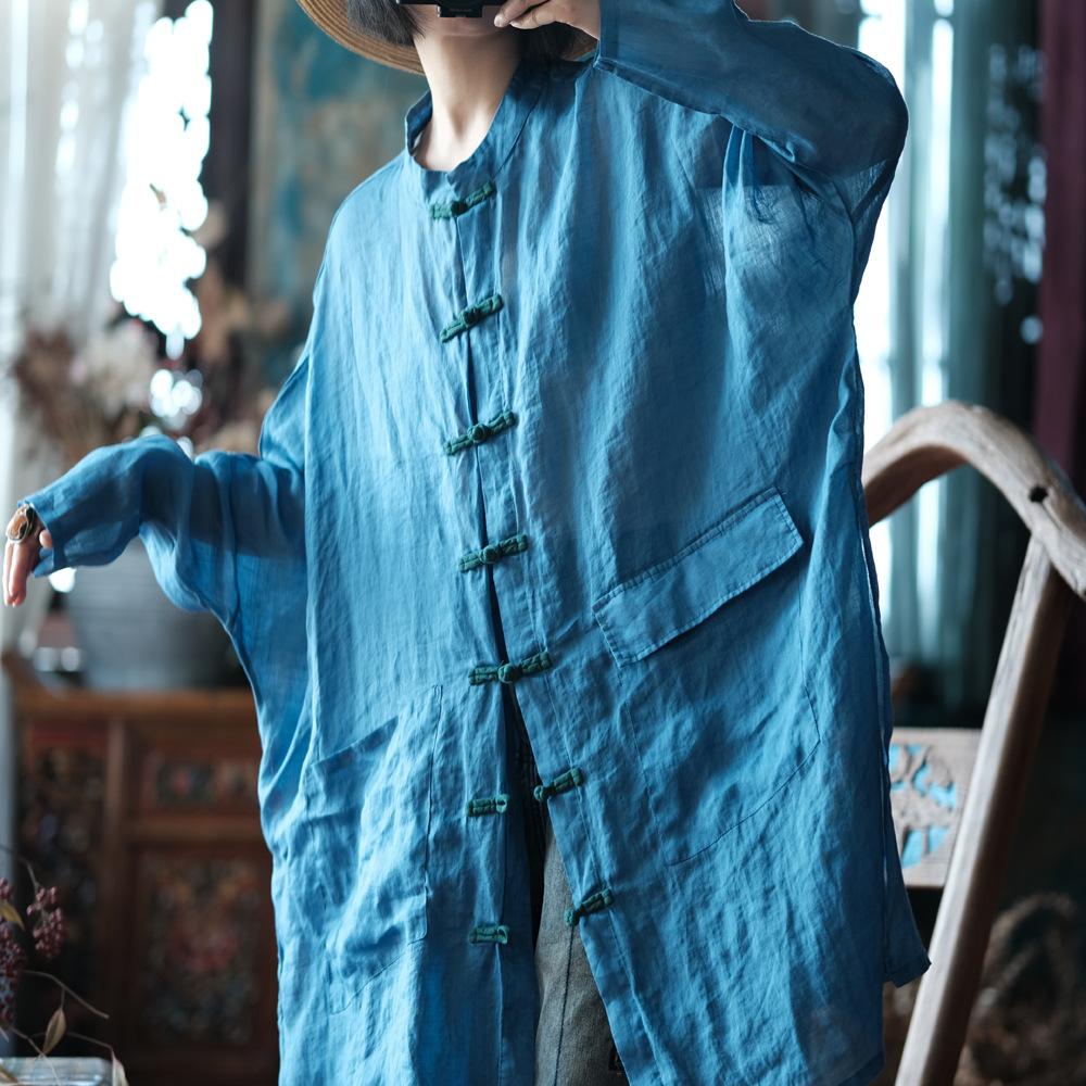 Johnature Women Vintage Long Shirts Stand Long Sleeve Button Patchwork Pockets Spring Chinese Style Blouses