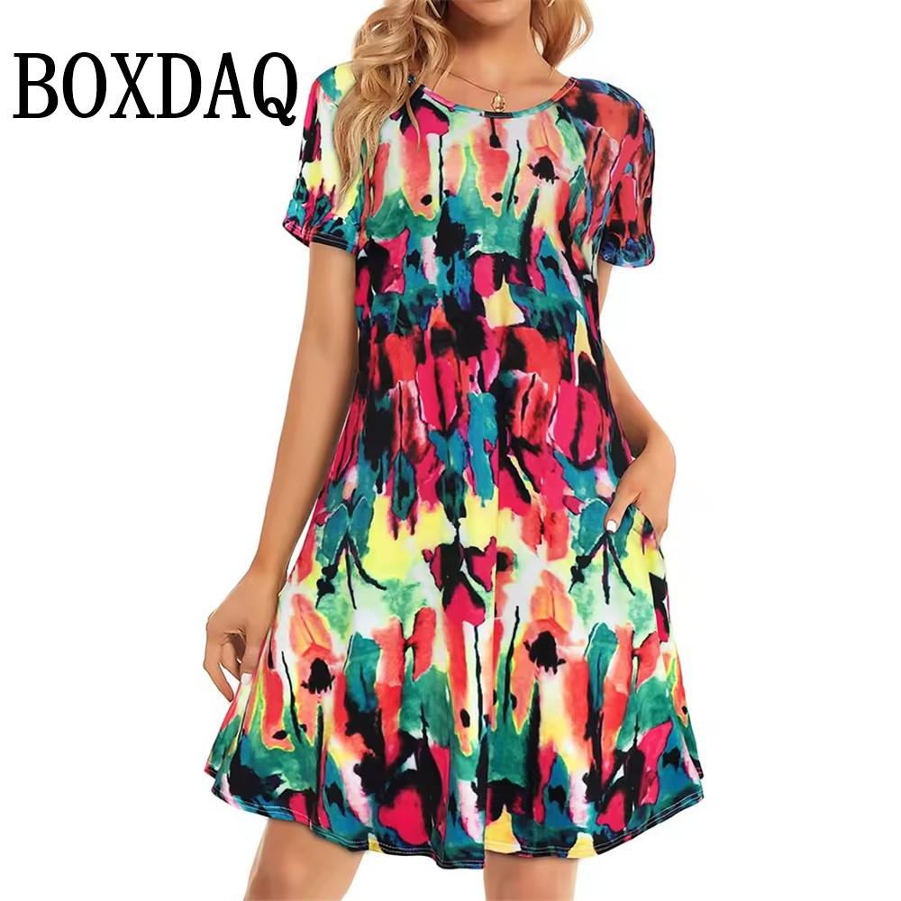 

Винтажное платье с цветочным принтом и круглым вырезом, женское винтажное платье с коротким рукавом, летнее платье А-силуэта, элегантное вечернее платье, повседневное свободное платье в стиле бохо 8XL