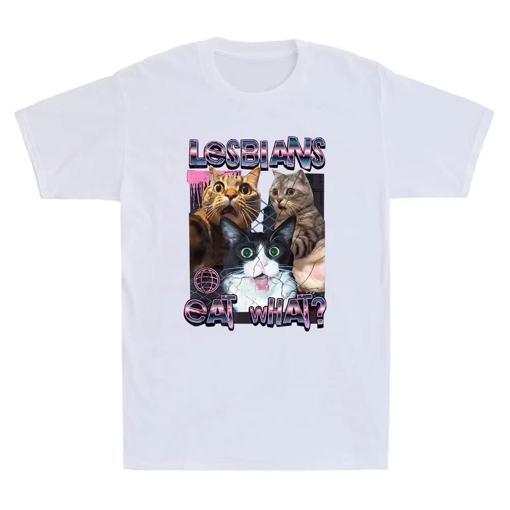 

2025 Summer Esbians What To Eat Fun Cat Lovers Meme Humor Casual Short Sleeve Top Streetwear 100% Pure Cotton Printed T-shirt XL