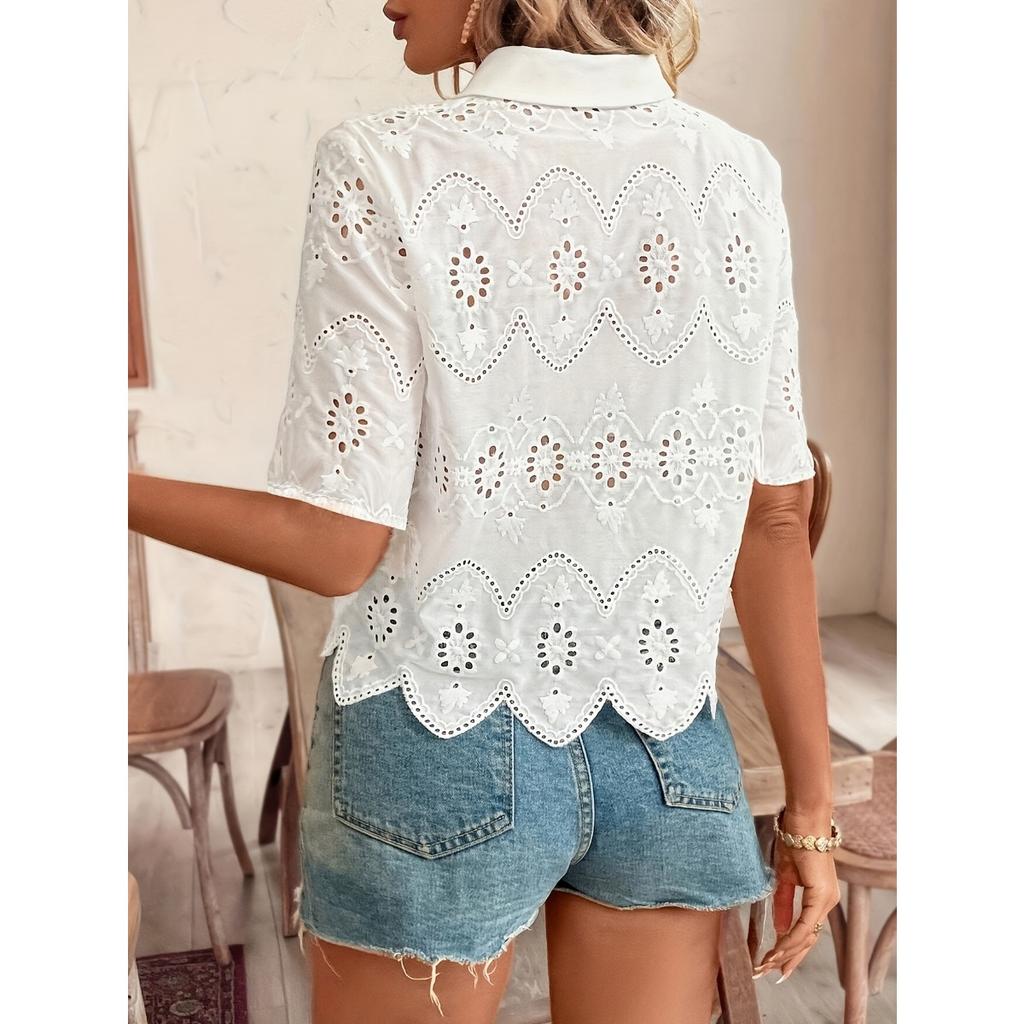New Women's Solid Color Lace Shirt with Hollowed Out Women's Short Sleeved Casual Top