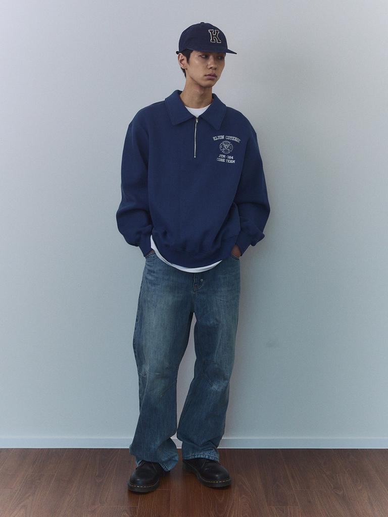 Gijunmaen Crest Half Zip-Up Pullover Dusty Blue