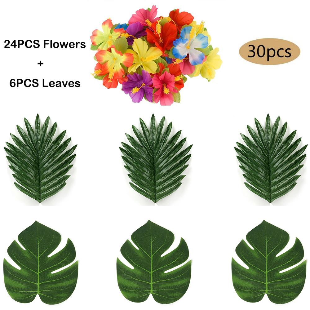 Tropical Monstera Palm Leaves Hibiscus Flower Hawaiian Luau Leaves Tropical Party Jungle Beach Table Decoration Wedding Birthday