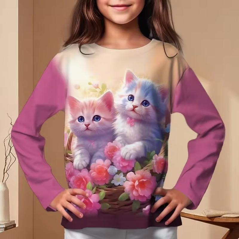 Abbigliamento Bambini Magliette Manica Lunga Bambina Maglietta Bambino Cartone Animato Girocollo Stampa Gatto Casual Abiti Estivi Bambina Top Maglietta