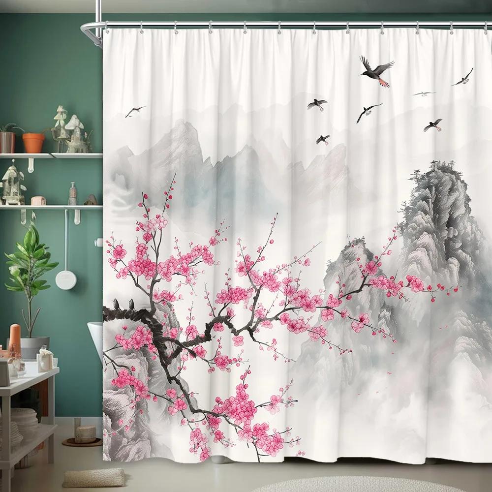 Asian Scenery Shower Curtain Koi Cherry Blossom Vintage Bird Lotus Mountain Ink Painting Polyester Fabric Bathroom Decor Curtain