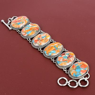 Spiny Oyster Copper Turquoise Gemstone Bracelet 925 Sterling Silver Adjustable Chain Bracelet Vintage Bracelet Handmade Jewelry Gift For Mom