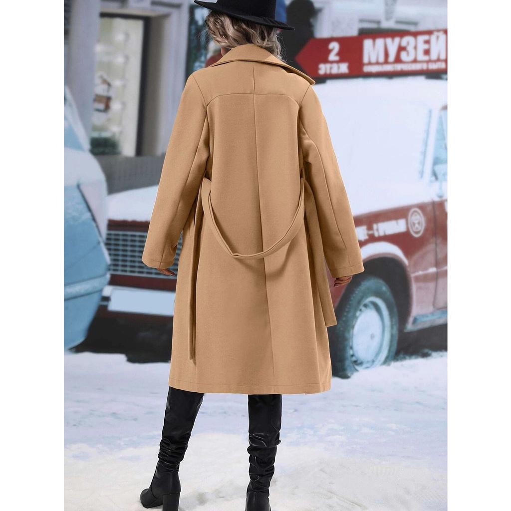 2025 Autumn Winter Women's Double-Breasted Wool Blend Trench Coat, Belted Waist Elegant Overcoat with Notched Lapel, Classic Office Chic Outerwear