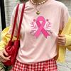 Floral Wreath Pink Ribbon Breast Cancer Awareness TShirt Casual Cotton Ladies Breast Cancer Warrior Support Graphic Daily Tops