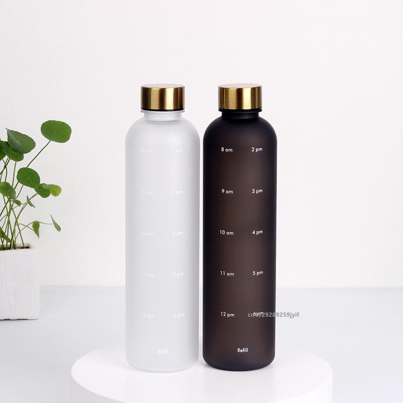 1L Water Bottle With Time Marker 32 OZ Motivational Reusable Fitness Sports Bottles Outdoors Travel Leakproof Frosted Plastic