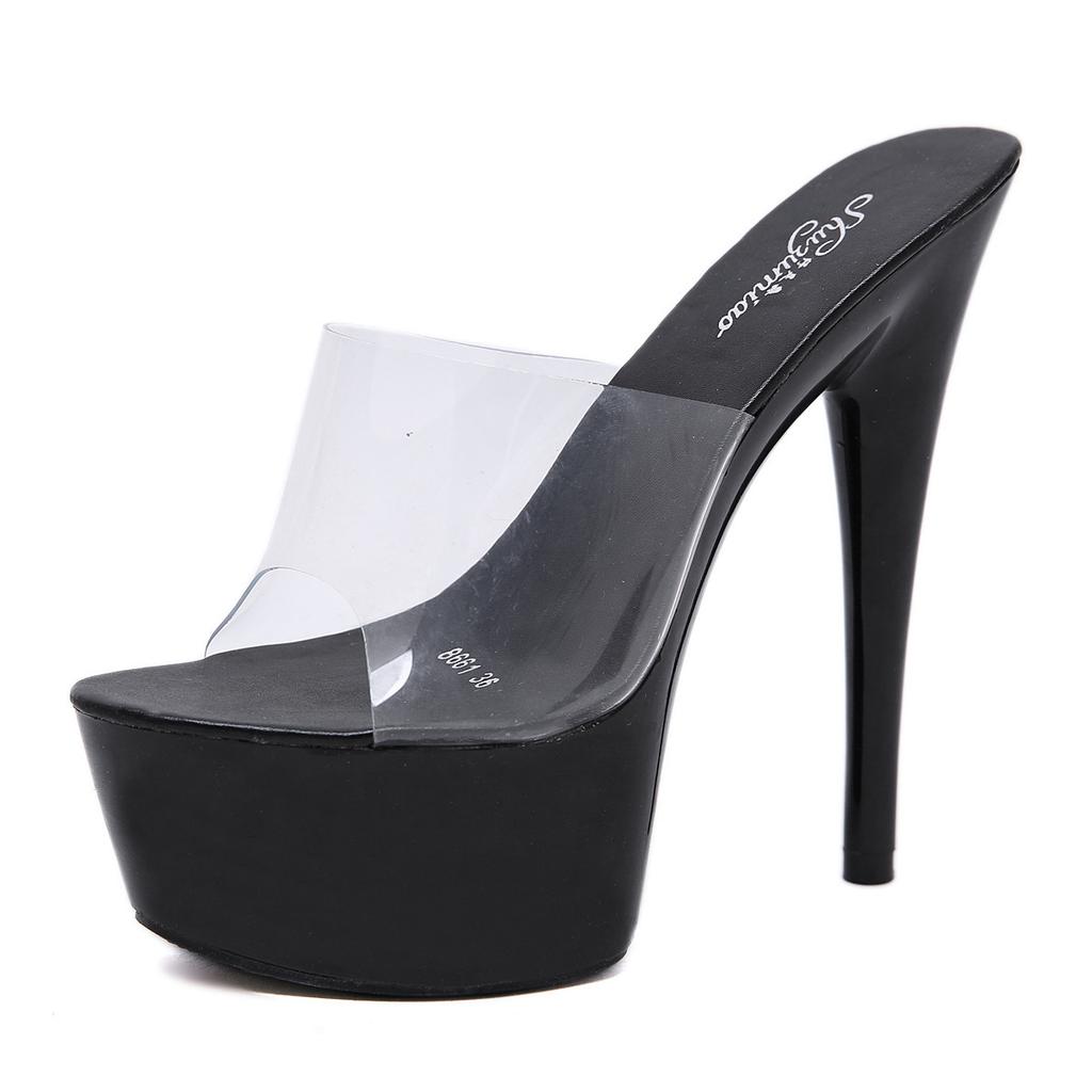 Damen Plateau Stiletto Mules, 15CM Peep Toe Römischer Stil Slip-On Partykleid Hausschuhe