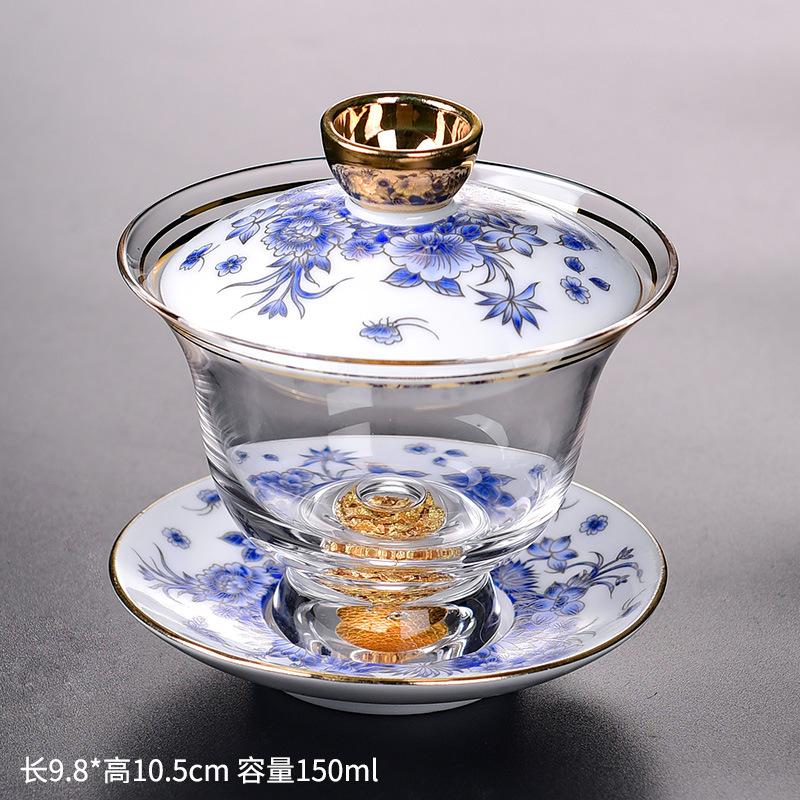 Enamel Colored Glass Gaiwan Puer Tea Bowls Crystal Tea Bowl Tureen Lid Bowl Lotus Hand Drawing Gaiwan for Travel Gai Wan Cup Set