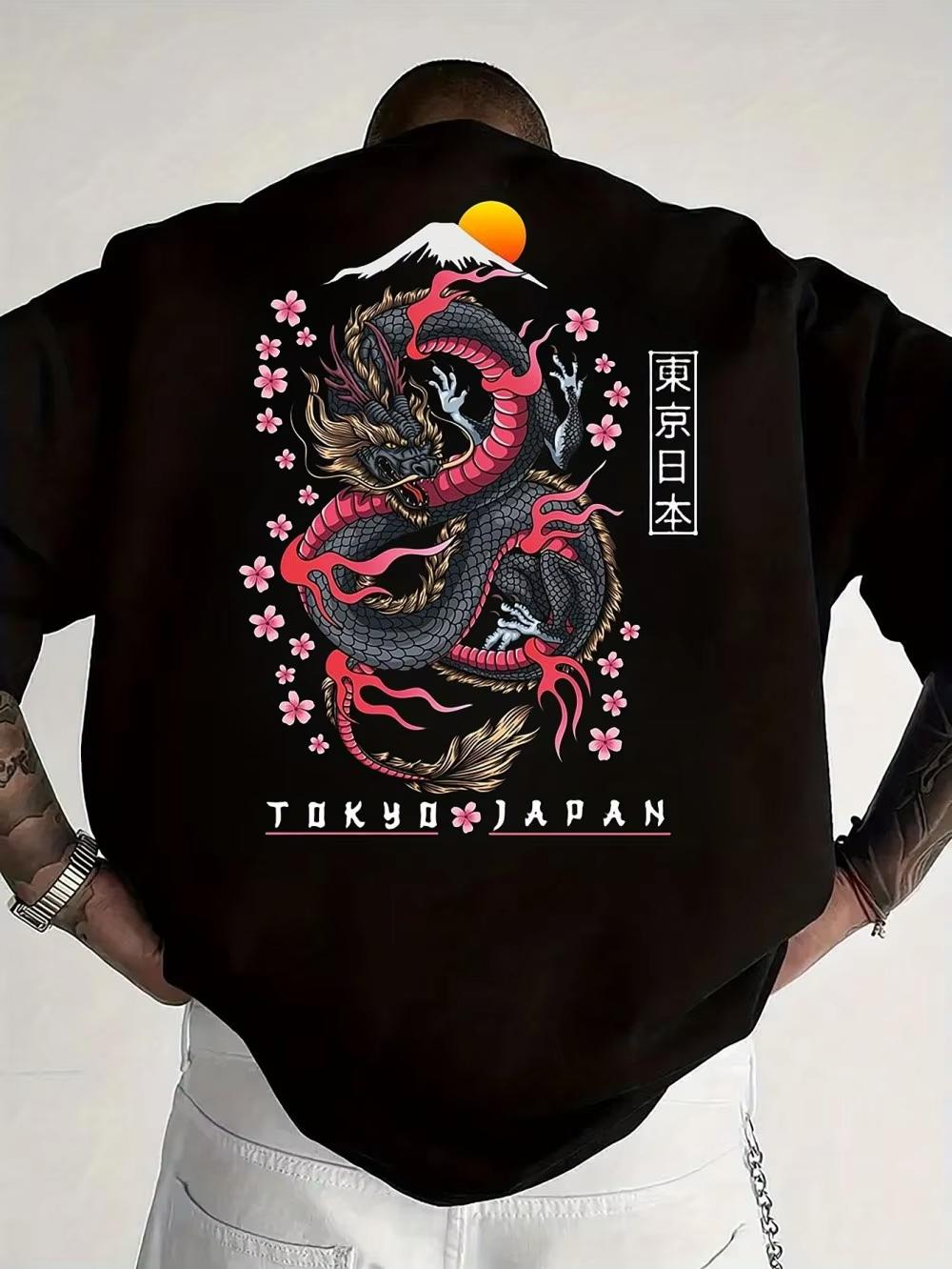 

Summer 2026 Fashionable Mens Summer New Dragon Print Flower Comfortable Breathable Round Neck Tshirt Outdoor Street Style Top 4XL