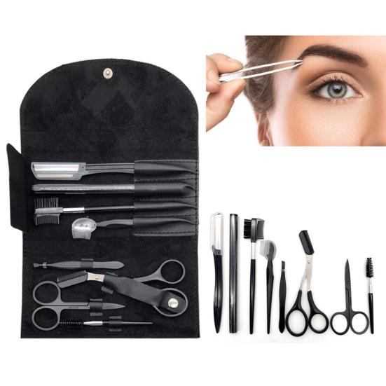 1 Set Eyebrow Trimming Set 8 Pcs Eyebrow Shaping Grooming Kit Beauty Tools Set with Faux Leather Bag Razor Eyebrow Scissors Brush Comb