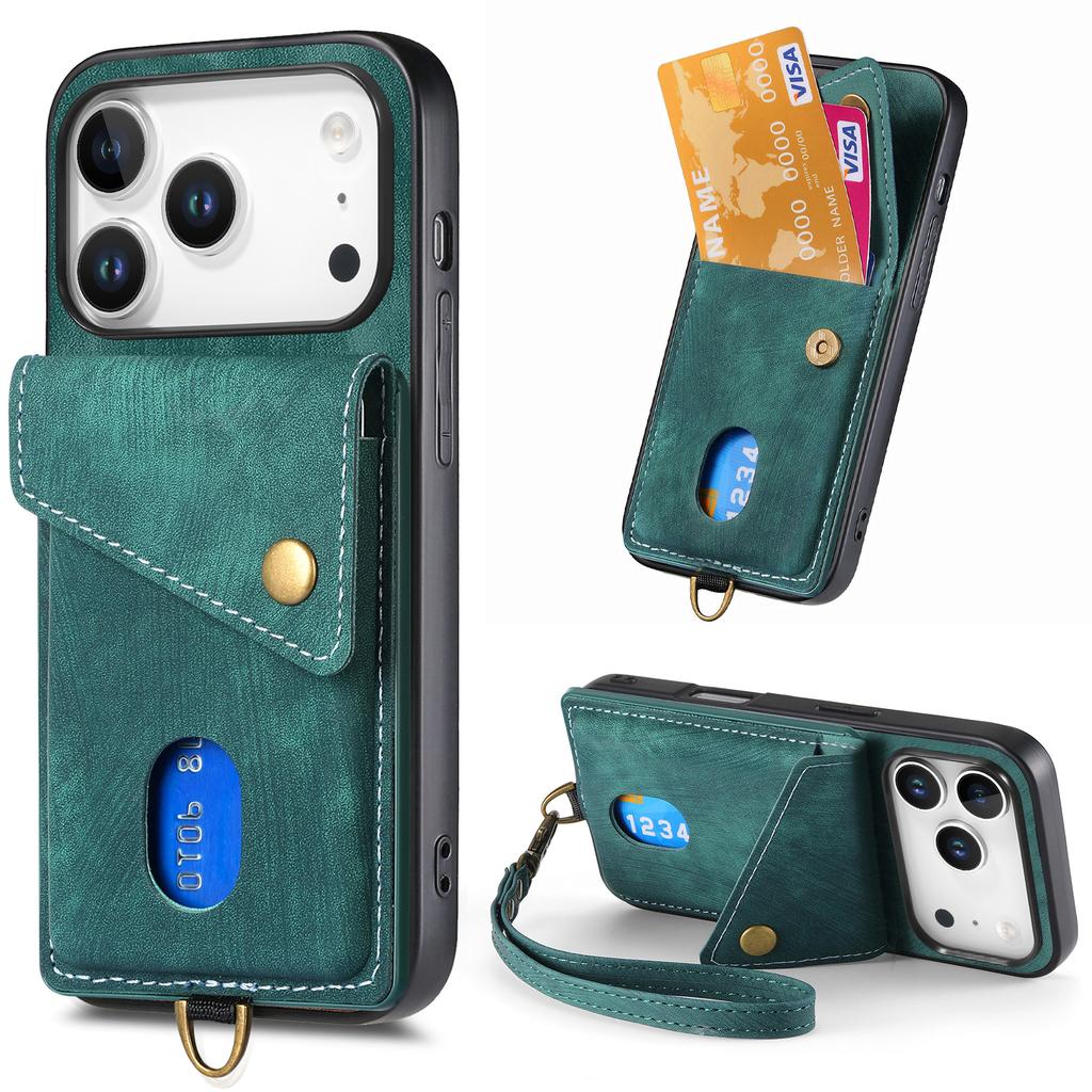 For iPhone 17 Pro Case with Card Holder Kickstand Leather Phone Back Cover