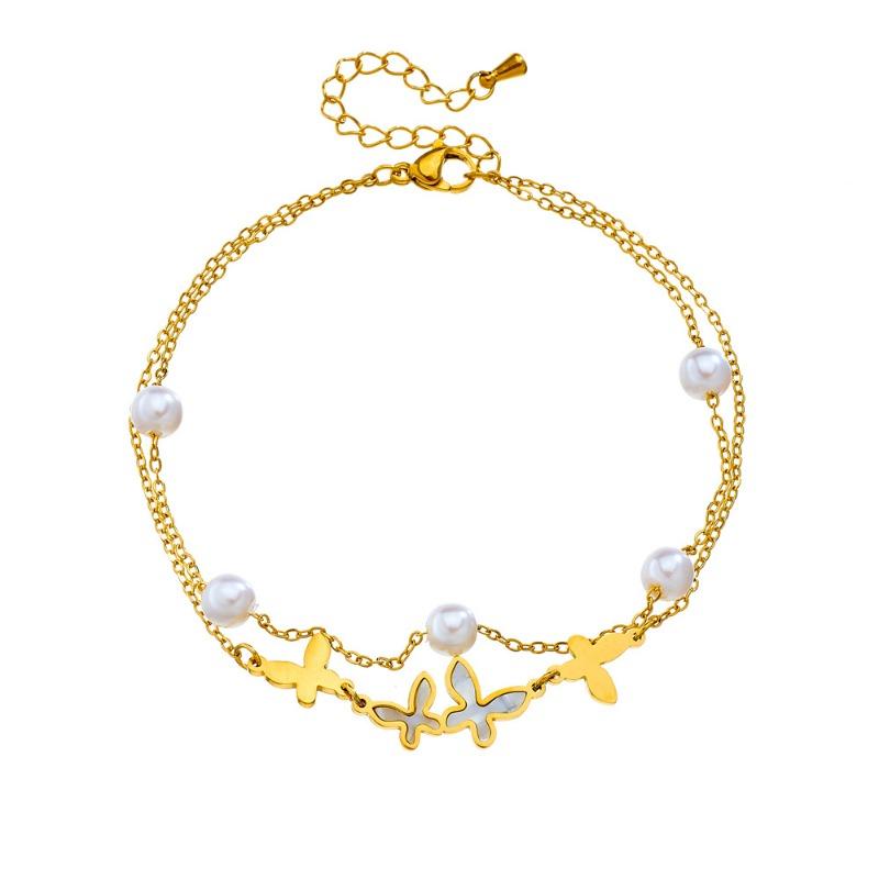 Gold Plated Butterfly Pearl Anklet for Women Double Layer Stainless Steel Foot Jewelry