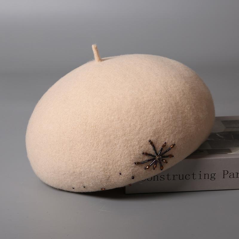 Hat Women's Hat Felt Hat Pure Wool Soft Beret Women's Autumn and Winter Fashion Show Face Small Black Bud Hat