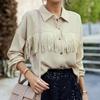 Tassel Long Sleeve Blouse Turn Down Collar Drop Shoulder Button Up Tassel Trim Blouse Shirt Apricot