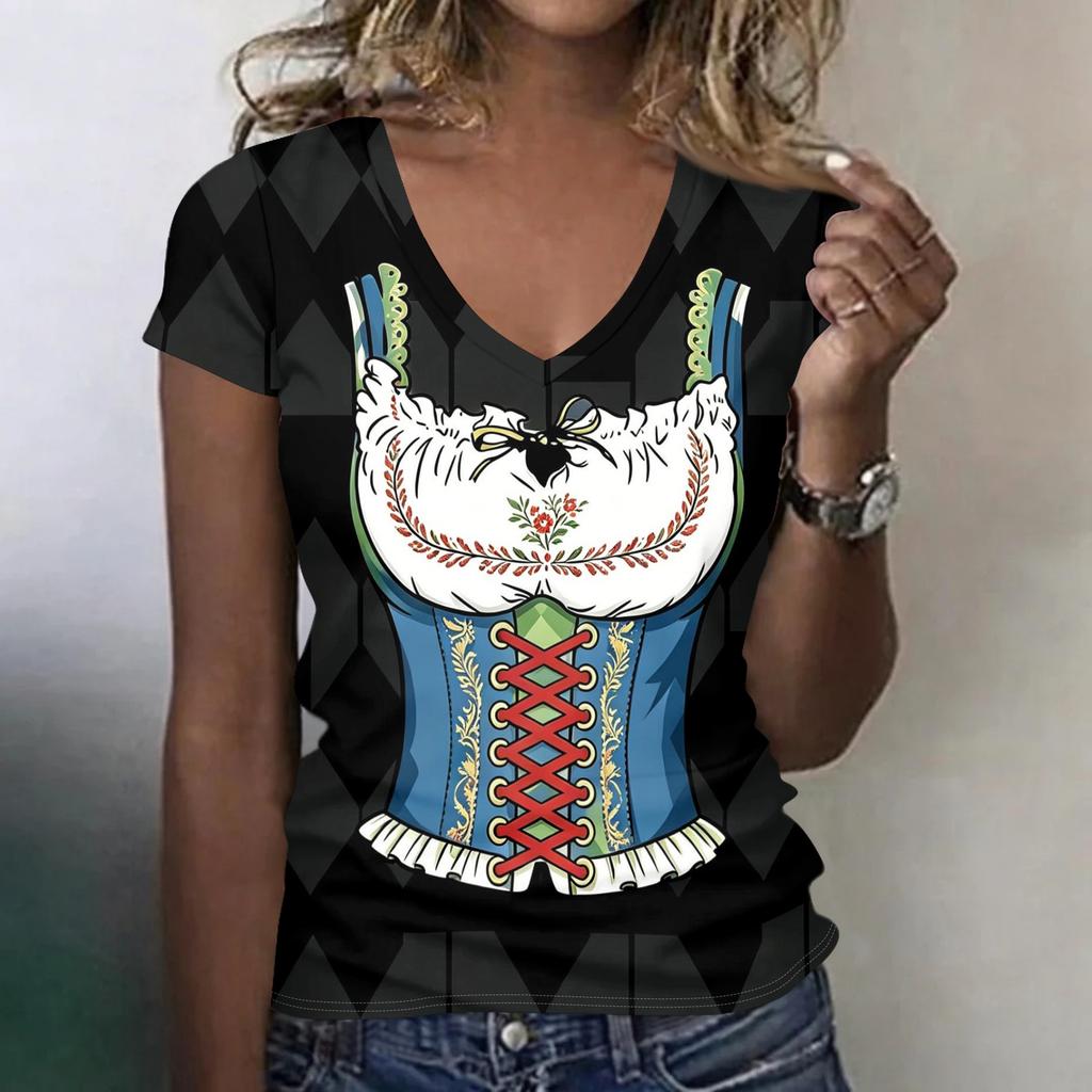 Camiseta Casual de Manga Corta con Cuello en V para Mujer Estampado Oktoberfest Top Tejido Ligero y Transpirable Camiseta de Corte Holgado para Uso Diario