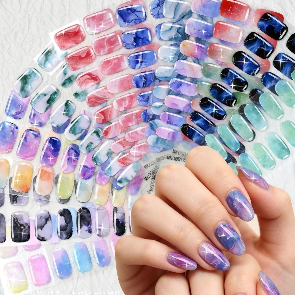 Self-Adhesive UV Polish Nail Strips 3D Glitter Marble Full Cover Nail Wraps Women