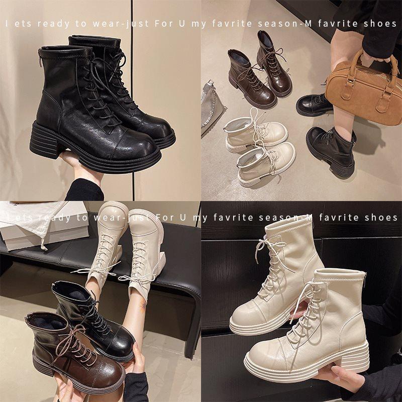 Skinny boots lace-up short boots Martin boots women's British style new thick-soled autumn brown thick heel 2025 super fire elastic