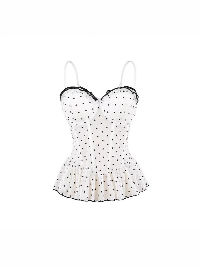 Korean Elegant Polka Dot Ruffle Camisole, Slim Fit with Chest Pads, Waist-Cinched, Flattering Lace Top for Women