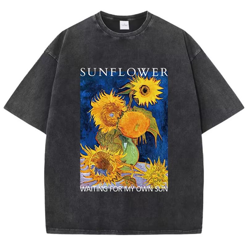 

Vintage Van Gogh Sunflower Art Graphic T Shirt Washed Oversized Unisex Aesthetic Floral Short Sleeve Streetwear Tee S