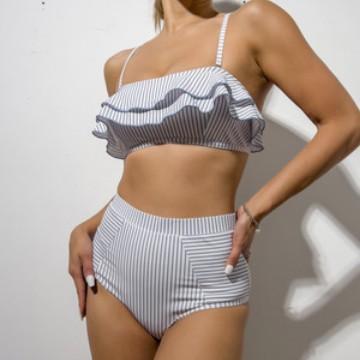 Clearance Specials Gray and White Pinstriped Lotus Leaf Sling Bikini, High Waist Belly briefs Conservative Swimsuit Europe and America