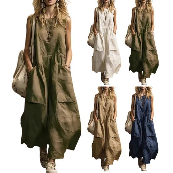 Abito da Donna Caldo a Vestibilità Larga Senza Maniche in Cotone e Lino Monocolore Stile Retro Estivo Tessuto Morbido e Confortevole per Feste in Spiaggia Abbigliamento da Ufficio
