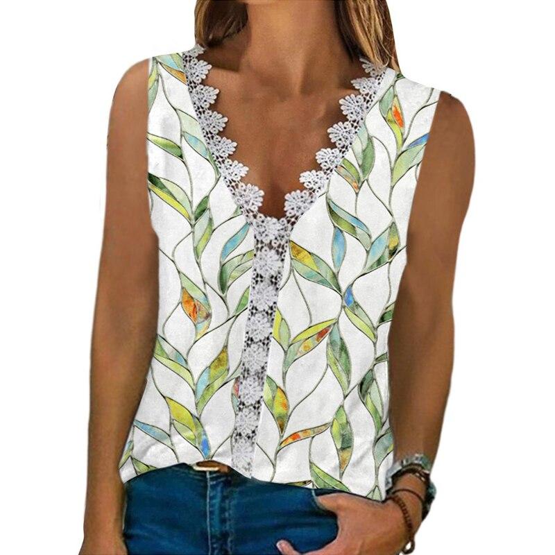Výstřih do V Krajka Květinový potisk Letní halenky Ženy 2023 Košile Bez rukávů Neformální košile Topy Dámská Móda Elegantní Tričko Dámské Oblečení 24858