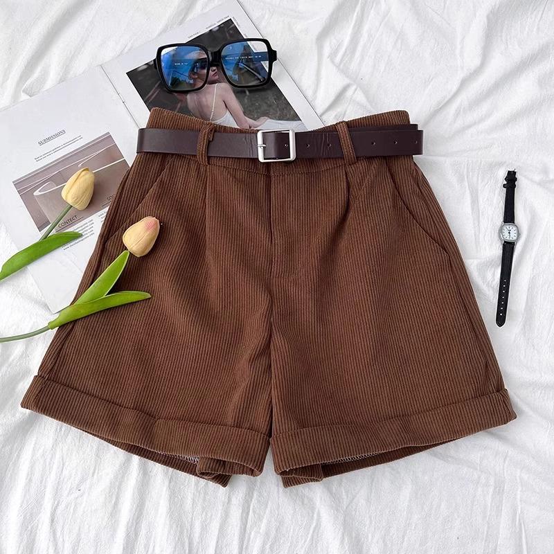 Dámské retro manšestrové šortky s širokým pasem – podzimní/zimní móda