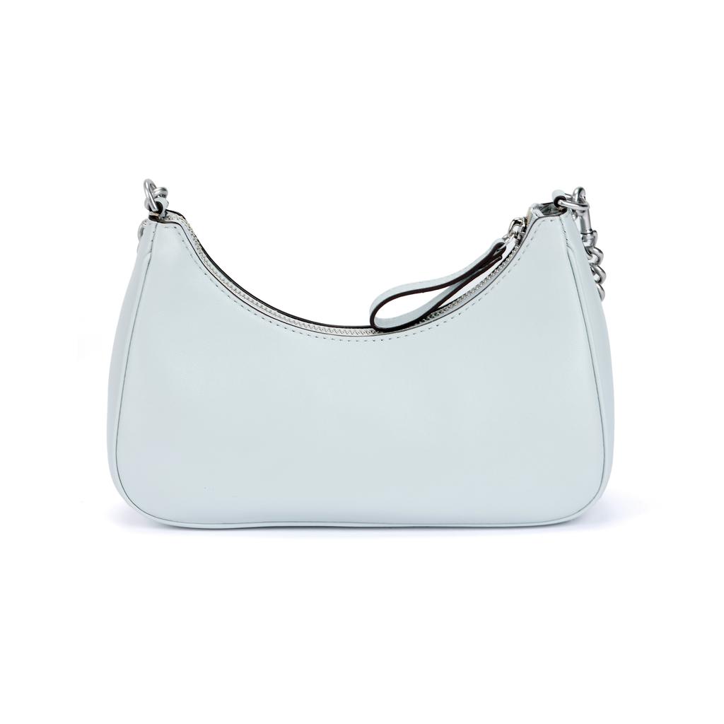 Tory Burch 151 Mercer Silver Double T Logo Detachable Shoulder Strap Nappa Leather Crescent Bag Women Handbags Gray Blue 149179-400