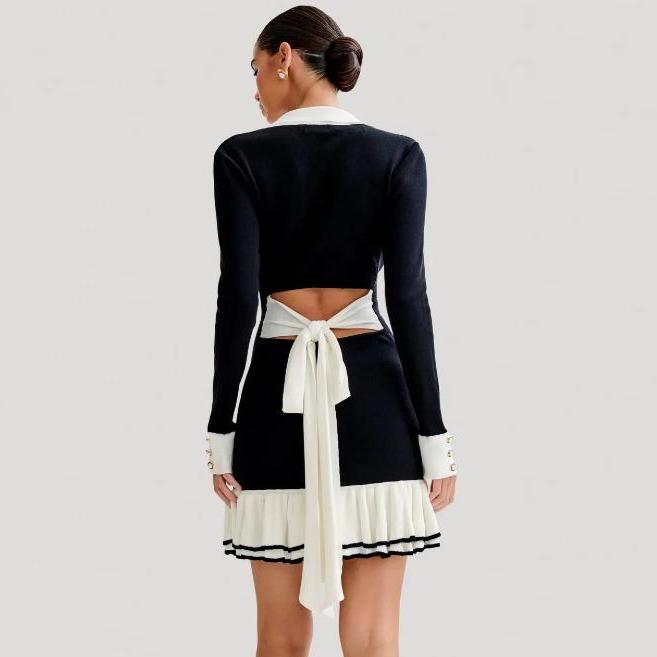 KOSY Ruffled Bow Knit Mini Dress Women's Backless Contrast Cardigan Lace-Up Elegant Dress Female Knitwear Bandage Dress