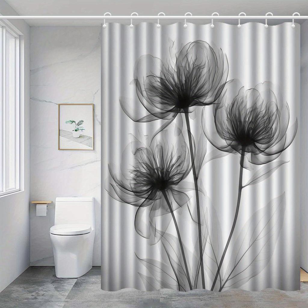 1Pc Elegant Floral Print Shower Curtain, High-End Sheer Floral Pattern, Washable Polyester Bathroom Decor With Hooks