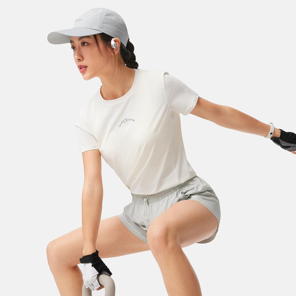 Li-Ning Comfortable Casual Simple Quick-Dry Letter Round Neck Pullover Short Sleeve T-Shirt Women T-Shirts Off-White ATSV140-1