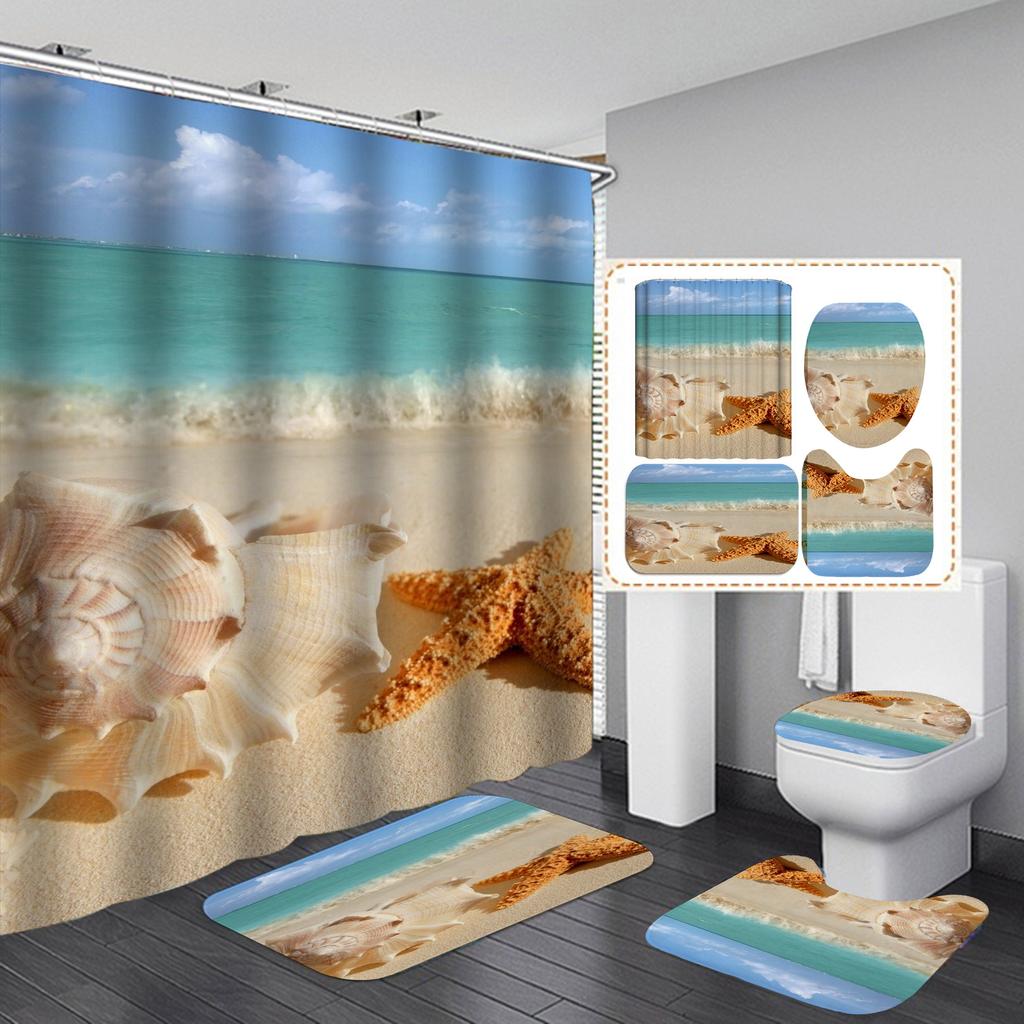 4ks Beach Starfish Series Sady sprchových závěsů do koupelny Protiskluzové Koupelnové koberečky Víko WC Kryt Koupelnová předložka