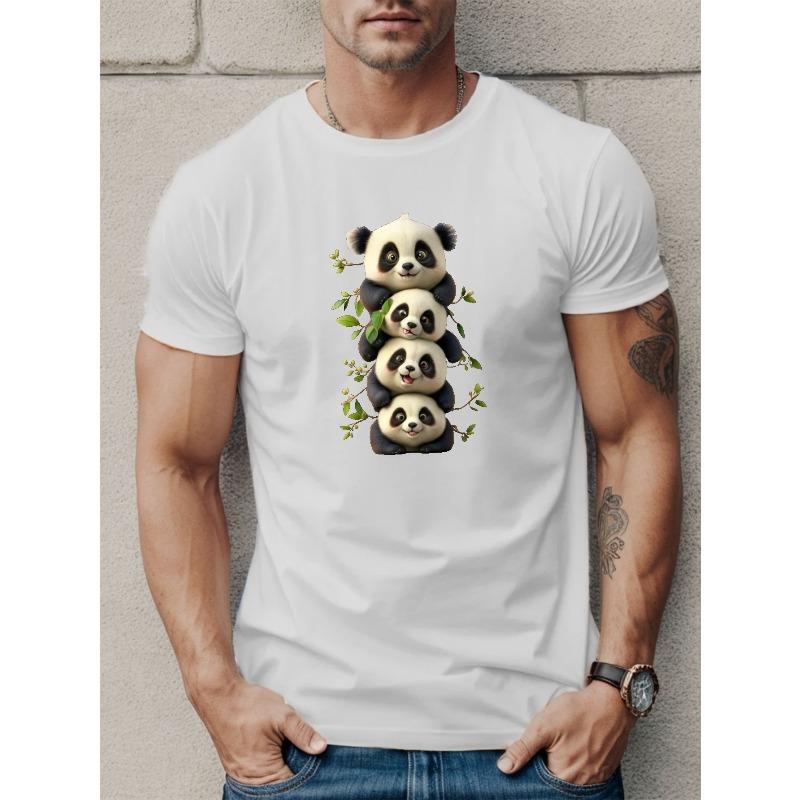European Size Men's Casual Short Sleeve T-Shirt with Geometric Panda Design - Breathable Polyester, Round Neck, Machine Washable