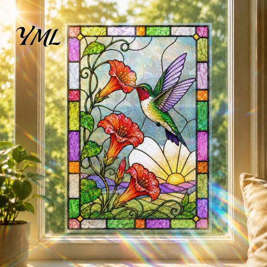 Static Decorative Window Film Stained Glass Clings, Hummingbird Flower Stickers, Removable No Glue Decal PVC Decals for Home Door Sunroom Privacy