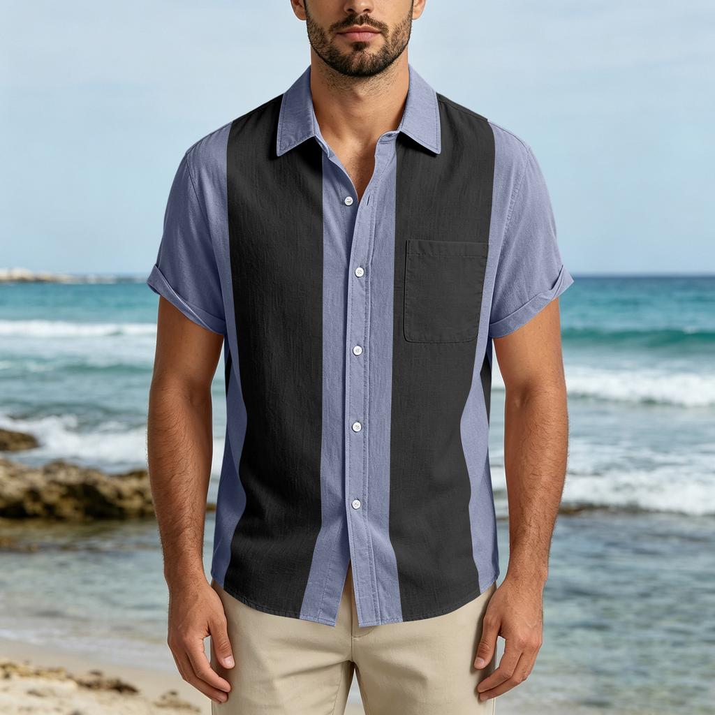 Men Short Sleeve Casual Button Down Shirt Relaxed Fit Lightweight Fabric Vertical Stripe Pattern Lapel Collar Pocket Design