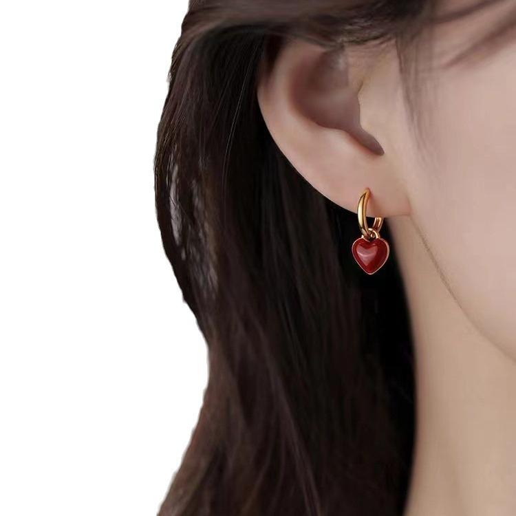 925 Sterling Silver Heart Earrings for Women - Red Zodiac New Year Niche Gift