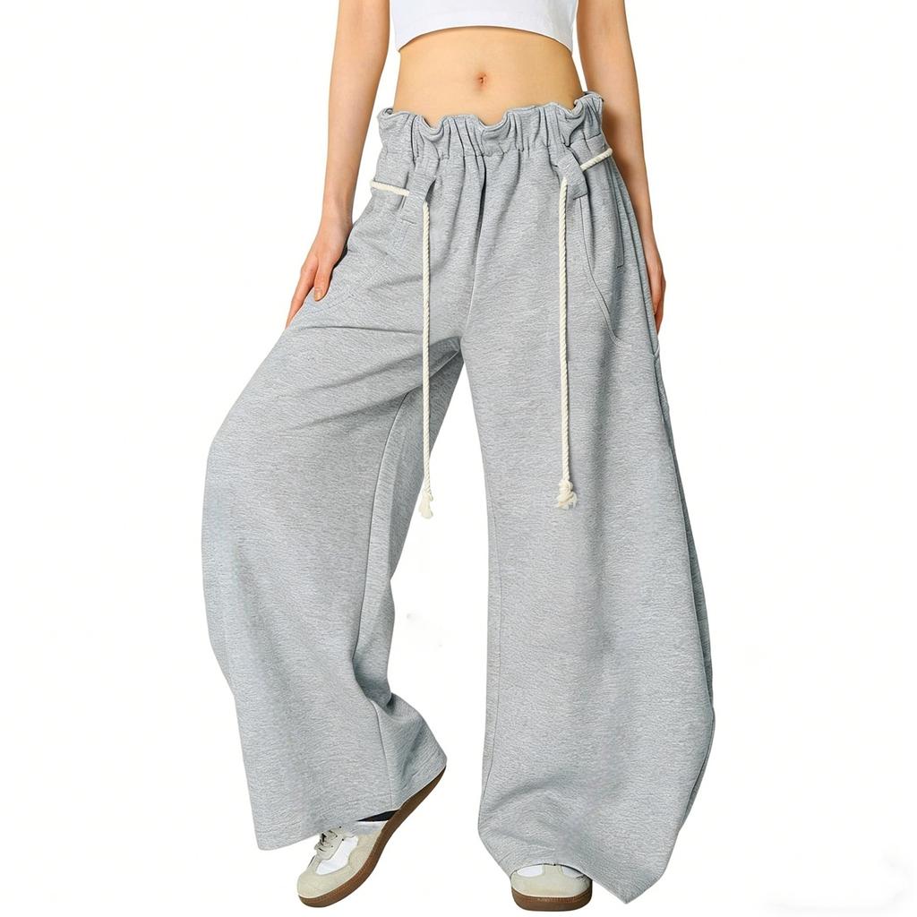 Women's Vintage Drawstring Sweatpants With Heart Embroidery Wide-Leg Curved-Hem Pants Loose-Fit Casual Sweatpants Long Pants